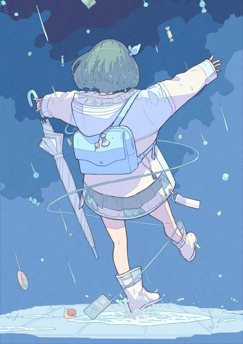 1girl animal aqua_hair backpack bag bizarre_rain blue_background blue_bag blue_ribbon blue_theme boots cable candy candy_wrapper cellphone closed_umbrella commentary_request crescent facing_away food from_behind full_body hair_ribbon highres holding holding_umbrella hood hood_down ligne_claire lollipop long_sleeves norikoi original outstretched_arms phone puddle pun rain raincoat ribbon rubber_boots short_hair sleeves_past_wrists smartphone snail solo splashing spread_arms star_(symbol) swirl_lollipop teruterubouzu umbrella