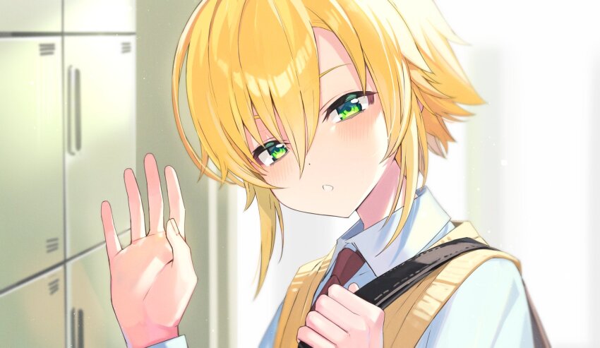 1boy bag blonde_hair collared_shirt fuubuu green_eyes hair_between_eyes hand_up highres indoors long_sleeves looking_at_viewer male_focus necktie nijisanji parted_lips red_necktie school school_bag school_uniform shirt short_hair shoulder_bag sidelocks solo teeth upper_body uzuki_kou uzuki_kou_(3rd_costume) vest virtual_youtuber white_shirt yellow_vest