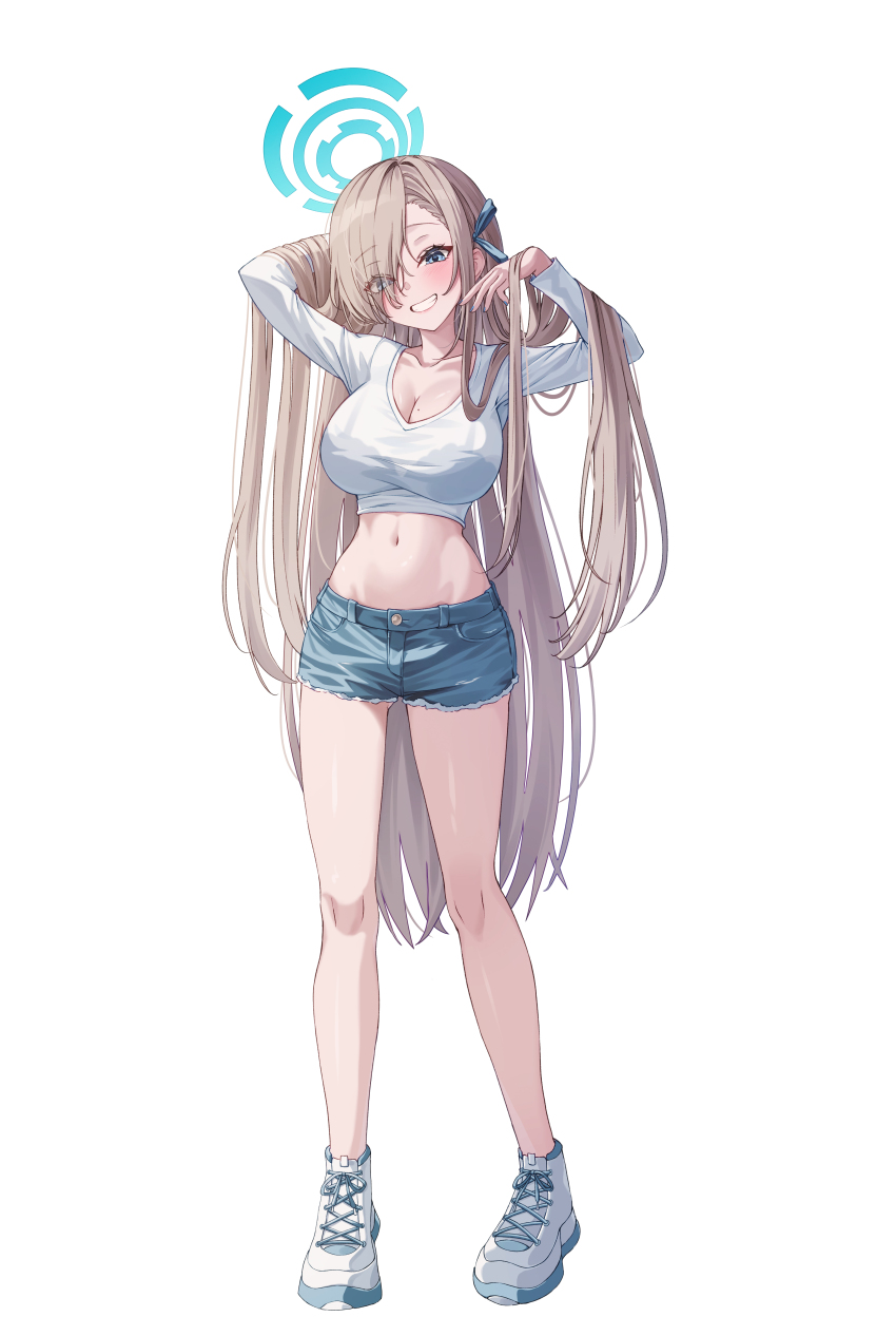 1girl absurdres adjusting_hair alternate_costume asuna_(blue_archive) blue_archive blue_eyes blue_halo blue_ribbon blue_shorts blush breasts brown_hair cleavage commentary crop_top cutoffs eyes_visible_through_hair full_body grin hair_lift hair_over_one_eye hair_ribbon halo hand_in_own_hair hands_in_hair hands_up highres large_breasts long_hair looking_at_viewer navel ribbon ryon_y0421 shoes short_shorts shorts simple_background smile solo standing stomach very_long_hair white_background white_shoes