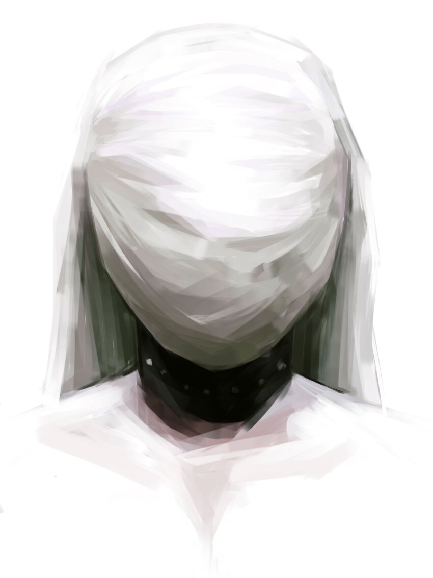 1boy alternate_form black_choker choker choujin_x covering_face higashi_azuma_(choujin_x) highres jobjobpooh131 looking_at_viewer male_focus minimalism painting_(medium) simple_background solo solo_focus topless_male traditional_media transformation watercolor_(medium) white_background wrapped