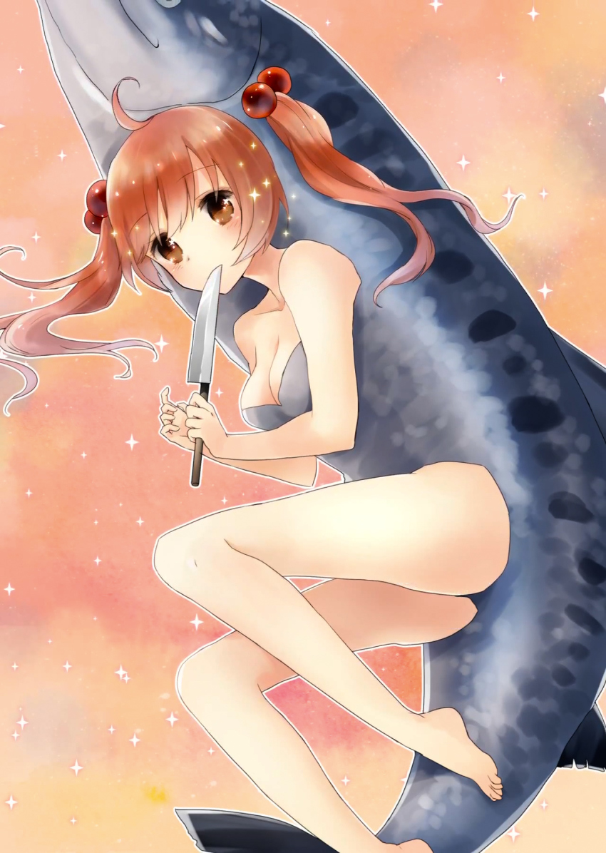 1girl animal_costume barefoot blush breasts brown_eyes cleavage covering_own_mouth fish hair_bobbles hair_ornament highres kitchen_knife knife looking_at_viewer non-web_source orange_background personification pink_hair salmon-chan salmon-chan_(character) salmon_(fish) simple_background sparkle stitched third-party_edit toes twintails