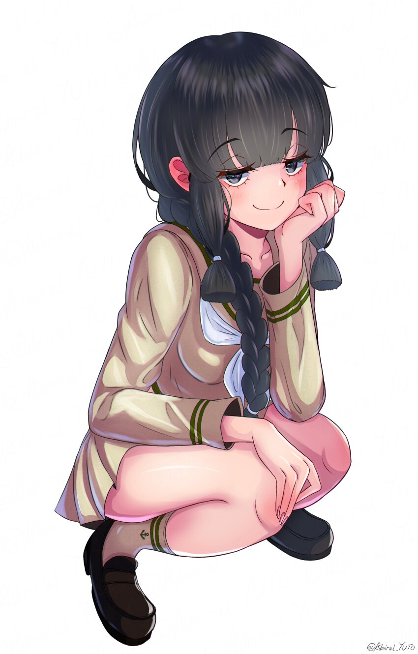 1girl absurdres anchor_symbol black_hair black_shoes blunt_bangs braid breasts character_name full_body good_thighs_day grey_eyes hair_over_shoulder hair_ribbon highres kantai_collection kitakami_(kancolle) kitakami_kai_ni_(kancolle) loafers long_hair long_sleeves looking_at_viewer miniskirt neckerchief ribbon sailor_collar school_uniform serafuku shoes simple_background single_braid skirt small_breasts smile socks solo squatting tress_ribbon white_background white_neckerchief yellow_sailor_collar yellow_serafuku yellow_skirt yellow_socks yoko_hata