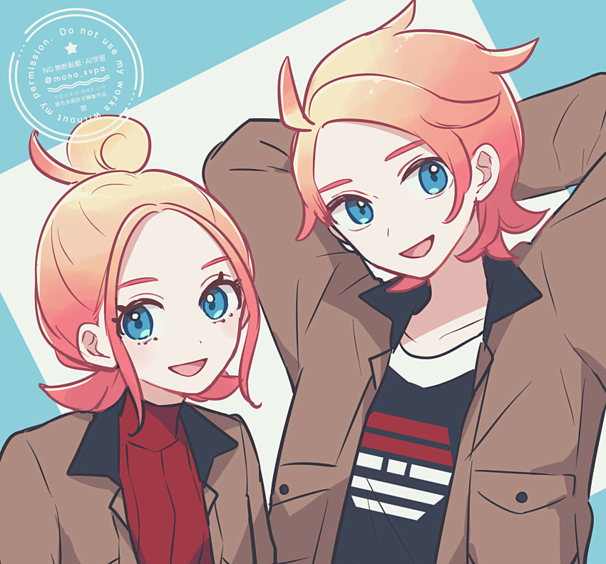 1boy 1girl blonde_hair blue_eyes breasts brown_jacket crop_top forehead game_freak gradient_hair happy highres jacket long_sleeves mismatched_eyebrows multicolored_hair nintendo open_clothes open_jacket pink_eyebrows pink_hair pokemon pokemon_legends:_z-a shinogo_no shirt smile taunie_(pokemon) turtleneck two-tone_hair urbain_(pokemon)