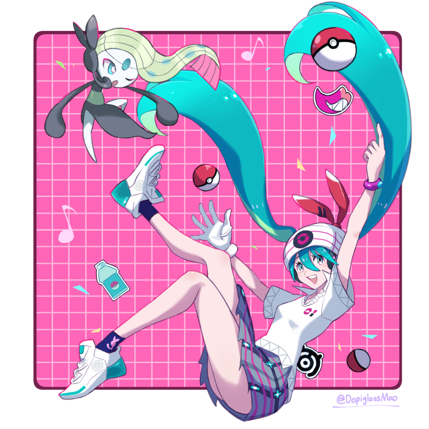1girl border commentary_request dopi_glasses floating floating_hair full_body gen_2_pokemon gen_5_pokemon gloves grey_skirt grid_background hatsune_miku highres legendary_pokemon long_hair meloetta musical_note mythical_pokemon nintendo open_mouth pleated_skirt poke_ball poke_ball_(basic) pokemon pokemon_(creature) project_voltage psychic_miku_(project_voltage) shirt single_glove skirt twintails twitter_username unown unown_m very_long_hair vocaloid white_border white_shirt