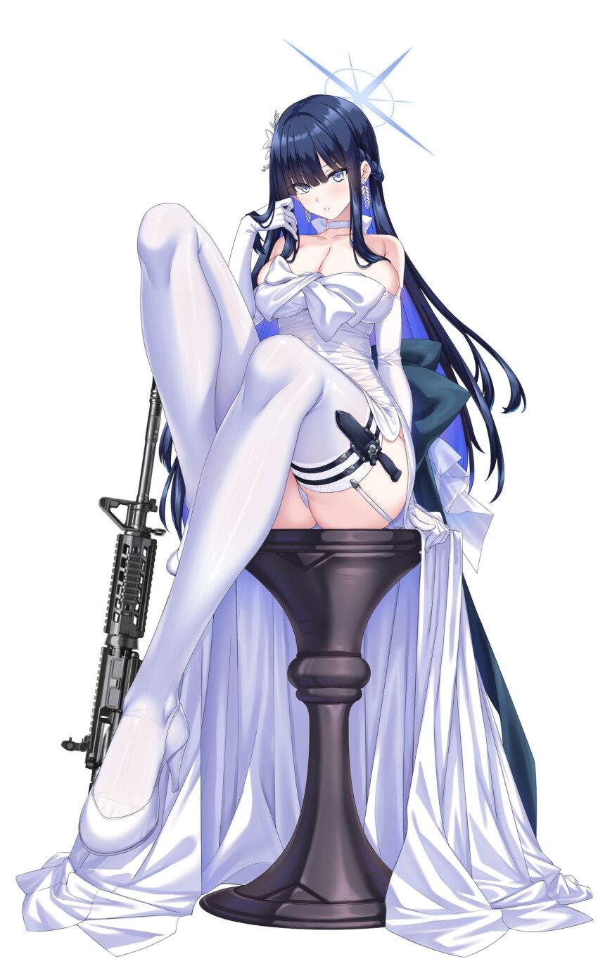 1girl absurdres ass black_hair blue_archive blue_choker blue_hair breasts choker cleavage colored_inner_hair commentary_request dress garter_belt gun highres large_breasts legs long_hair looking_at_viewer multicolored_hair official_alternate_costume saori_(blue_archive) saori_(dress)_(blue_archive) shirokuma_a shoes sig_516 simple_background sitting solo two-tone_hair weapon white_background white_choker white_garter_belt white_shoes