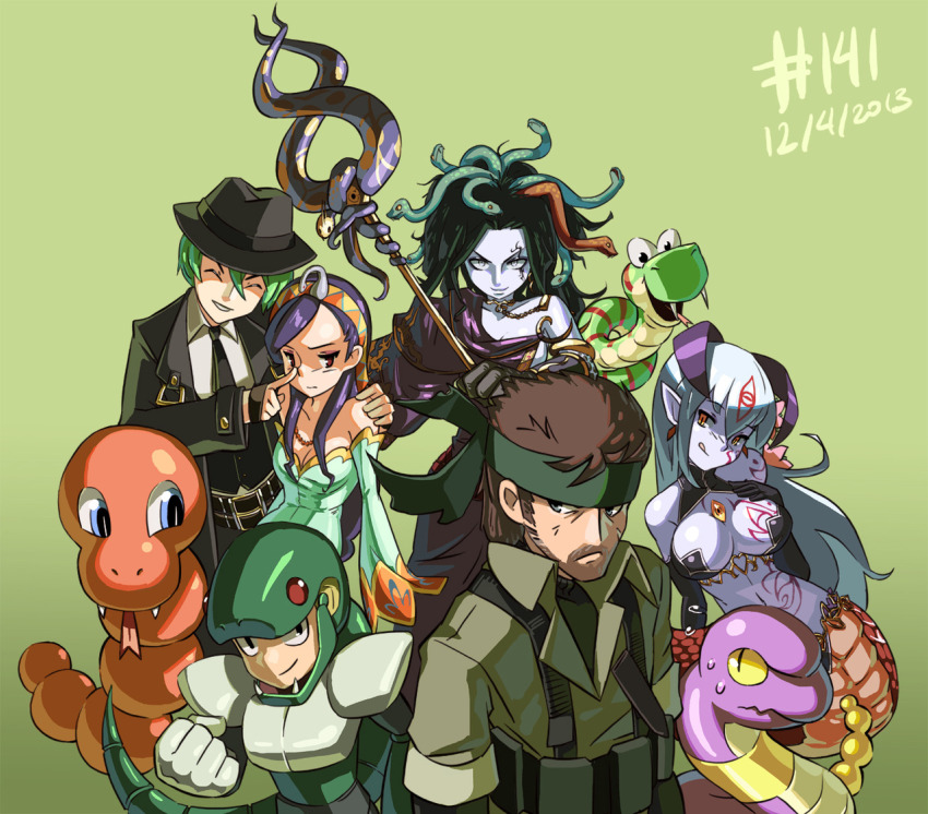 10s 2013 3boys 3girls :q ^_^ alipheese_fateburn_xvi android aqua_hair arc_system_works armlet armor asymmetrical_clothes bare_shoulders beads beard belt big_boss black_eyes black_hair blazblue blue_eyes blue_skin breasts brown_hair buckle capcom chinese_zodiac chrono_(series) chrono_cross cleavage clenched_hand closed_eyes colored_sclera colored_skin crop_top crossover dated detached_sleeves donkey_kong_(series) donkey_kong_country donkey_kong_country_2 dress earrings ekans elbow_gloves facial_hair facial_mark fangs flying_sweatdrops gem gen_1_pokemon gloves gradient_background green_background green_hair grin hair_between_eyes hairband halterneck hand_on_another&#039;s_shoulder hand_on_own_chest hat hazama head_tilt headband heart helmet high_collar holding horns jacket jewelry junkpuyo kid_icarus kid_icarus_uprising lamia large_breasts leaning licking_lips light_smile long_hair looking_at_viewer markings md5_mismatch medusa_(kid_icarus) mega_man_(classic) mega_man_(series) mega_man_3 metal_gear_(series) metal_gear_solid mon-musu_quest! monster_girl mullet multiple_belts multiple_boys multiple_crossover multiple_girls naked_snake name_connection navel necklace necktie new_year nintendo open_clothes open_jacket pale_skin pointing pointy_ears pokemon pokemon_(creature) pun purple_hair purple_skin rattle_(snake_rattle_n_roll) rattly_the_rattlesnake red_eyes riddel scales shirt short_sleeves sideboob sidelocks simple_background sleeves_past_wrists sleeves_rolled_up slit_pupils smile snake snake_(chinese_zodiac) snake_hair snake_man snake_rattle_n_roll snake_tail staff strapless strapless_dress sweat tail tongue tongue_out trait_connection turtleneck vambraces very_long_hair vest white_eyes wide_sleeves yellow_eyes yellow_sclera