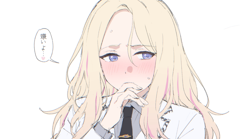 1girl averting_eyes black_necktie blonde_hair blush forehead gakuen_idolmaster grey_shirt hatsuboshi_gakuen_school_uniform highres idolmaster jacket juo_sena long_hair mikazuchi_zeus multicolored_hair necktie pink_hair school_uniform shirt simple_background solo speech_bubble streaked_hair sweatdrop translation_request two-tone_hair very_long_hair white_background white_jacket