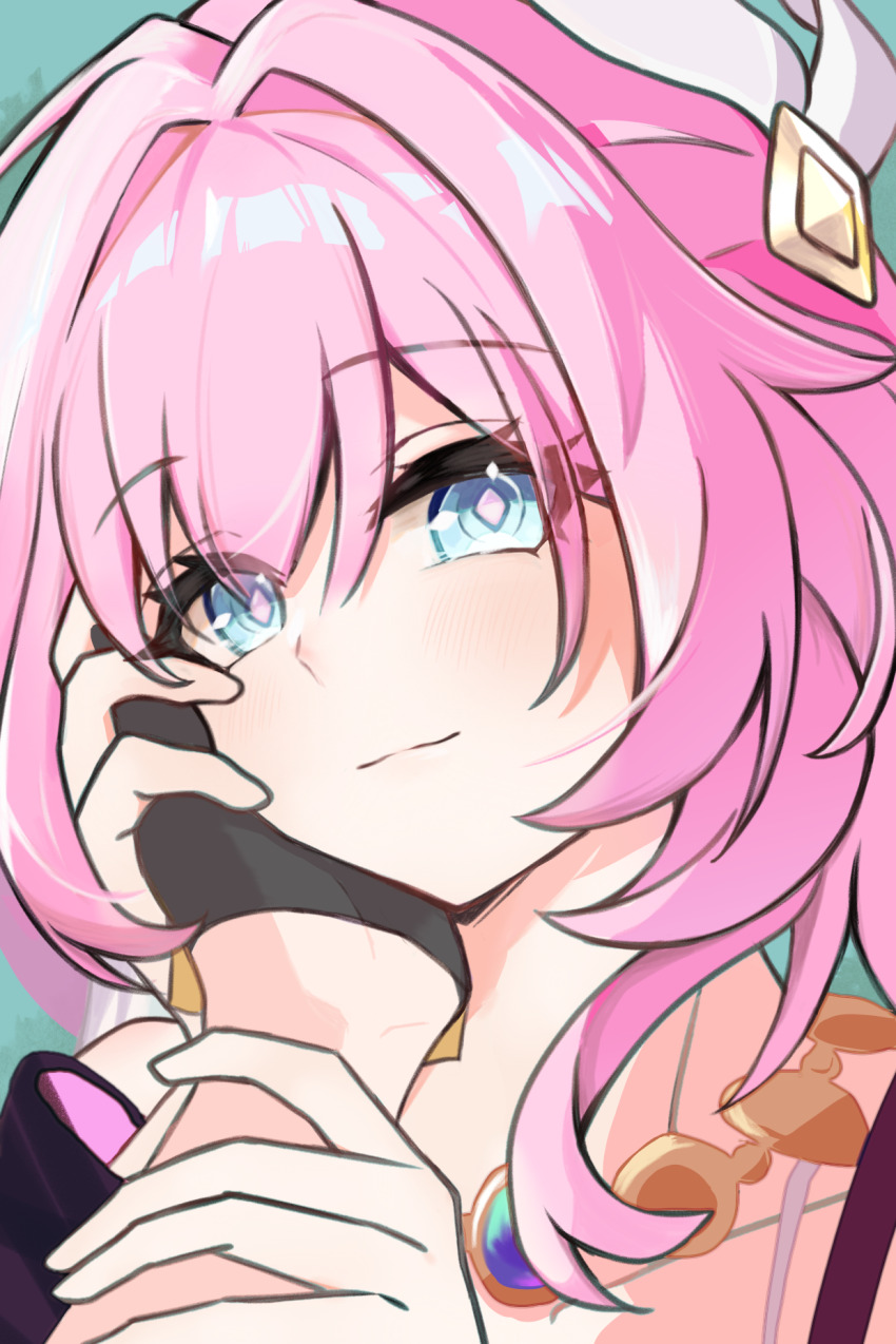 2girls black_gloves blue_eyes cyrene_(honkai:_star_rail) f_xi gloves hair_ribbon highres honkai:_star_rail honkai_(series) jewelry looking_at_viewer multiple_girls necklace pink_hair pink_pupils ribbon smile stelle_(honkai:_star_rail) trailblazer_(honkai:_star_rail) white_ribbon