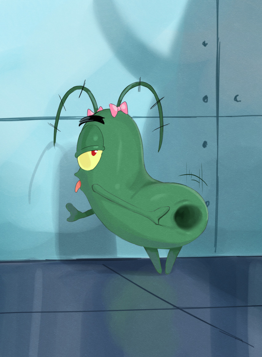 1boy antennae anus bow colored_sclera commentary gaping highres implied_erection implied_yaoi male_focus pink_bow plankton plankton_(spongebob) red_eyes shadow shengtian solo spongebob_squarepants_(series) tongue tongue_out yellow_sclera