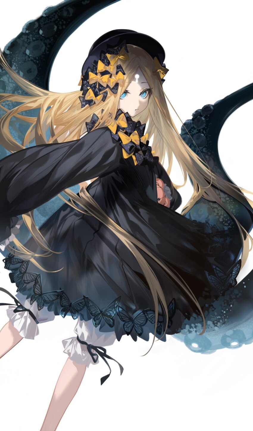 1girl abigail_williams_(fate) arlizi black_bow blonde_hair bloomers blue_eyes bow dress fate/grand_order fate_(series) feet_out_of_frame forehead hair_bow hair_spread_out hat highres keyhole long_hair long_sleeves looking_at_viewer multiple_hair_bows multiple_hat_bows orange_bow parted_bangs polka_dot polka_dot_bow sleeves_past_fingers sleeves_past_wrists solo stuffed_animal stuffed_toy teddy_bear tentacles underwear very_long_hair white_bloomers