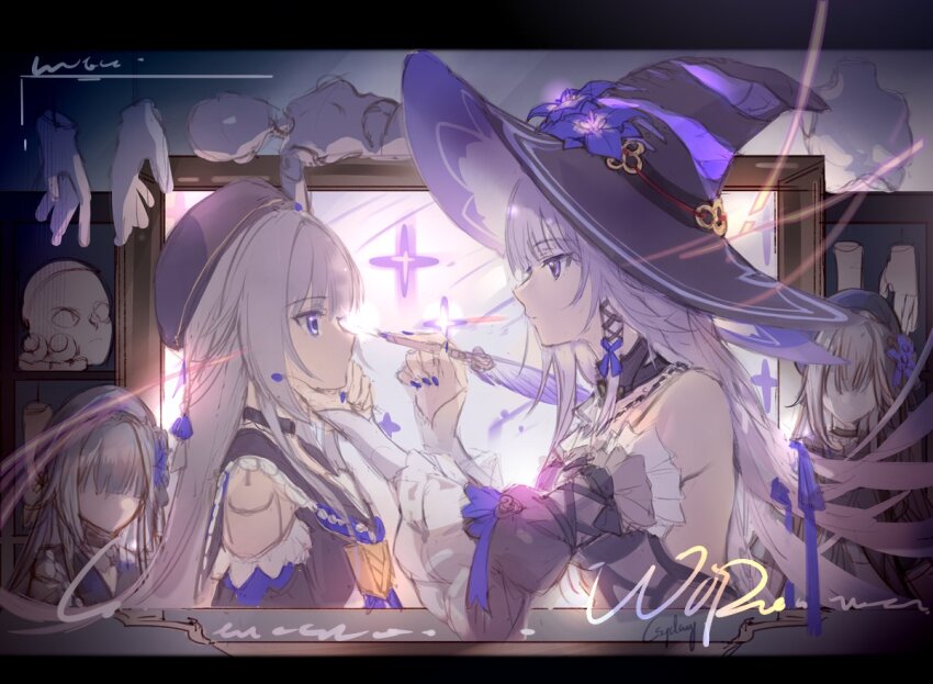 4girls black_dress black_hat brown_hair commentary csyday detached_sleeves dress flower from_side hand_on_another&#039;s_chin hat hat_flower herta_(honkai:_star_rail) herta_(puppet)_(honkai:_star_rail) holding holding_quill honkai:_star_rail honkai_(series) long_hair long_sleeves multiple_girls multiple_persona purple_eyes purple_flower purple_nails quill symbol-only_commentary the_herta_(honkai:_star_rail) witch_hat