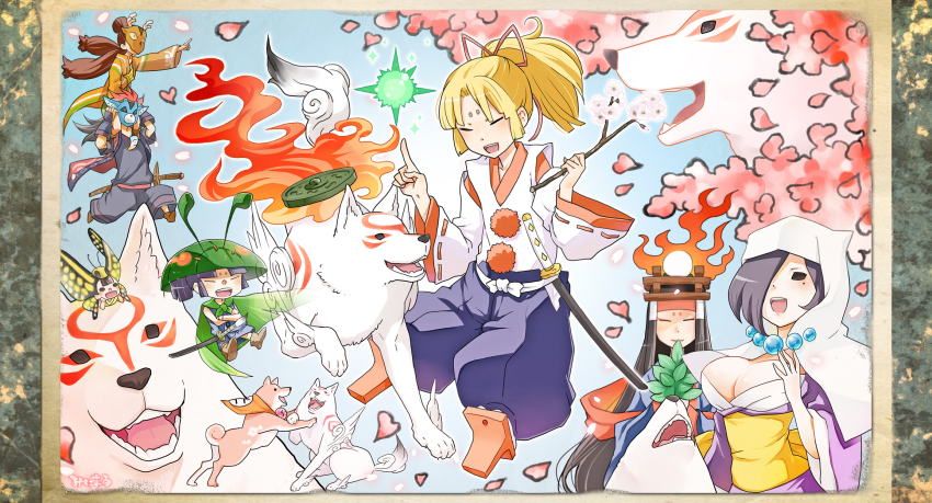 3boys 4girls amaterasu_(ookami) autumn_leaves blonde_hair brush cape chibiterasu closed_eyes full_body geta hat heart highres himiko_(ookami) hood issun japanese_clothes kai_(ookami) leaf lika long_hair mask minimaru multiple_boys multiple_girls oki okikurumi_(ookami) ookami_(game) pom_pom_(clothes) ponytail rao short_hair smile sword tattoo tengu-geta tsuzurao ushiwakamaru_(ookami) weapon wolf