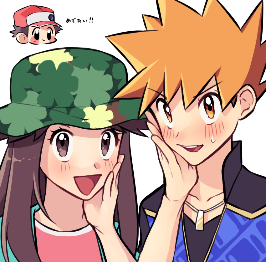 1girl 2boys :d absurdres black_shirt blue_jacket blue_oak blue_oak_(sygna_suit) blush brown_eyes brown_hair chibi chibi_inset commentary_request eyelashes green_headwear green_jacket hat highres jacket jewelry leaf_(pokemon) leaf_(sygna_suit)_(pokemon) long_hair multiple_boys necklace nintendo official_alternate_costume open_clothes open_jacket open_mouth orange_hair pink_shirt pokemon pokemon_masters_ex red_(pokemon) red_(sygna_suit)_(pokemon) shirt short_hair simple_background smile spiked_hair sweatdrop tongue wanichi white_background