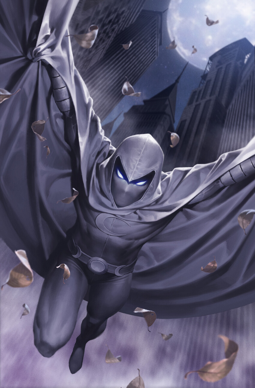 1boy belt bodysuit building cape city full_moon highres hood hooded_cape leaf looking_at_viewer marvel moon moon_knight night outdoors skyscraper solo star_(sky) white_belt white_bodysuit white_cape white_hood white_mask yoon_junggeun