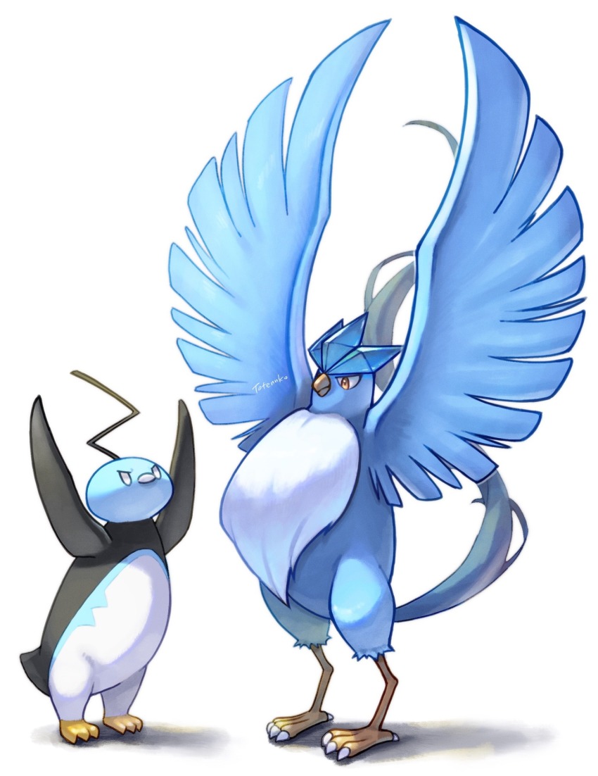 animal_focus articuno artist_name bird brown_eyes claws eiscue eiscue_(noice) full_body gen_1_pokemon gen_8_pokemon highres legendary_pokemon nintendo no_humans pokemon pokemon_(creature) simple_background standing totennko white_background white_eyes wings