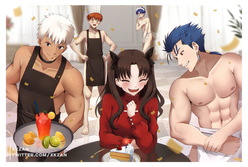 1girl 4boys :d ^_^ apron archer_(fate) birthday birthday_cake black_choker blue_hair blurry blurry_background blush border brown_eyes brown_hair cake cake_slice candle chef_hat choker closed_eyes cocktail commentary confetti crossdressing cu_chulainn_(fate) cu_chulainn_(fate/stay_night) dark-skinned_male dark_skin earrings emiya_shirou english_commentary fate/stay_night fate_(series) food fruit grey_eyes grin happy hat highres holding holding_tray jewelry laughing lime_(fruit) maid maid_apron maid_headdress male_harem male_maid matou_shinji multiple_boys naked_apron open_mouth orange_(fruit) pectorals red_eyes red_hair red_sweater smile strawberry sweater table tohsaka_rin toned toned_male tray turtleneck turtleneck_sweater two_side_up white_border white_hair xkzan