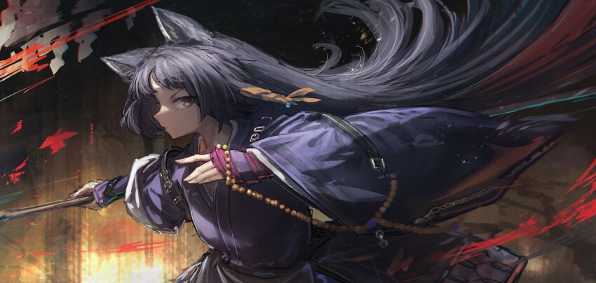 1girl absurdres animal_ears arknights black_hair brown_eyes closed_mouth commentary dog_ears dog_girl franlol highres holding holding_sword holding_weapon japanese_clothes kimono long_hair long_sleeves parted_bangs purple_kimono saga_(arknights) solo sword upper_body weapon wide_sleeves