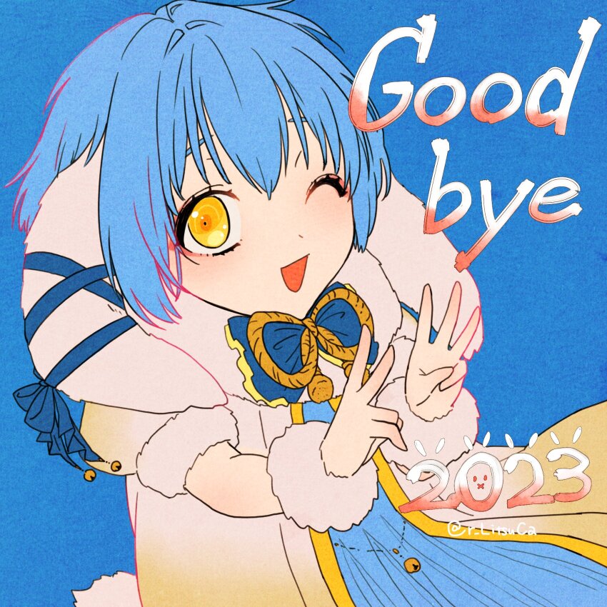 1girl ;d animal_ears blue_background blue_bow blue_bowtie blue_dress blue_hair blue_ribbon bow bowtie dress finger_counting galaxy_angel highres looking_at_viewer middle_w mint_blancmanche one_eye_closed open_mouth ribbon ritsu_(r_litsuca) short_hair sidelocks smile solo twitter_username upper_body v w yellow_eyes
