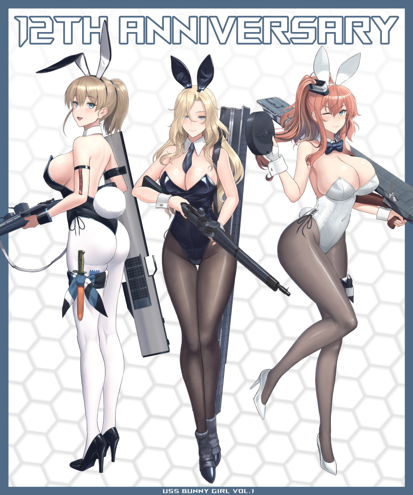 3girls absurdres anniversary back black_leotard black_pantyhose blonde_hair blue_eyes bolt_action breasts brown_hair detached_collar drum_magazine flight_deck full_body gun hair_between_eyes high_side_ponytail highres hornet_(kancolle) intrepid_(kancolle) kantai_collection knife large_breasts leotard long_hair looking_at_viewer m1903_springfield magazine_(weapon) multiple_girls necktie odachu open_mouth pantyhose playboy_bunny ponytail rifle saratoga_(kancolle) short_hair side_ponytail smile standing standing_on_one_leg strapless strapless_leotard submachine_gun thompson_submachine_gun weapon white_background white_leotard white_pantyhose