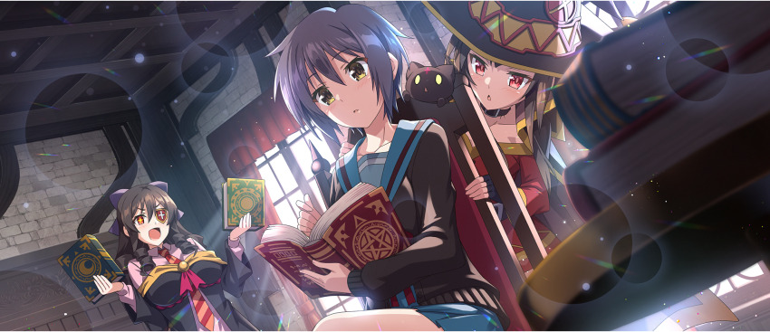 +_+ 3girls arue_(konosuba) behind_another belt_collar black_cardigan black_cat black_cloak black_gloves black_hat black_robe blue_sailor_collar blue_skirt book bow breasts brown_eyes brown_hair cardigan cat chair chomusuke cloak collar collarbone collared_dress crossover curtains diagonal-striped_clothes diagonal-striped_necktie dress drill_hair drill_sidelocks excited eyepatch fingerless_gloves from_below game_cg gloves hair_bow hat highres holding holding_book indoors kita_high_school_uniform kono_subarashii_sekai_ni_shukufuku_wo! konosuba!_fantastic_days large_breasts light_rays living_room long_hair long_sleeves megumin miniskirt multiple_girls nagato_yuki necktie off-shoulder_dress off_shoulder official_art on_chair open_cardigan open_clothes open_mouth orange_necktie parted_lips pink_dress purple_bow purple_hair reading red_dress red_eyes red_necktie red_prison_magic_school_uniform red_ribbon ribbon robe sailor_collar school_uniform serafuku shade short_dress short_hair short_hair_with_long_locks sidelocks sitting skirt small_breasts standing striped_clothes sunbeam sunlight suzumiya_haruhi_no_yuuutsu table triangle_mouth two-tone_necktie v-shaped_eyebrows window winter_uniform witch_hat