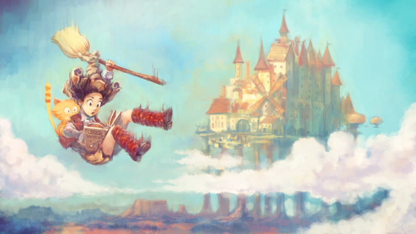 1girl 1other absurdres blue_eyes blue_sky book broom brown_hair brown_skirt carrot_(pepper&amp;carrot) castle cat center_frills checkered_leg_warmers cloud collared_shirt david_revoy falling frilled_shirt frills hat helix highres leg_warmers long_sleeves miniskirt mountain open_mouth orange_cat outdoors pepper&amp;carrot pepper_(pepper&amp;carrot) reading red_leg_warmers red_vest shirt shoes skirt sky vest white_shirt witch_hat