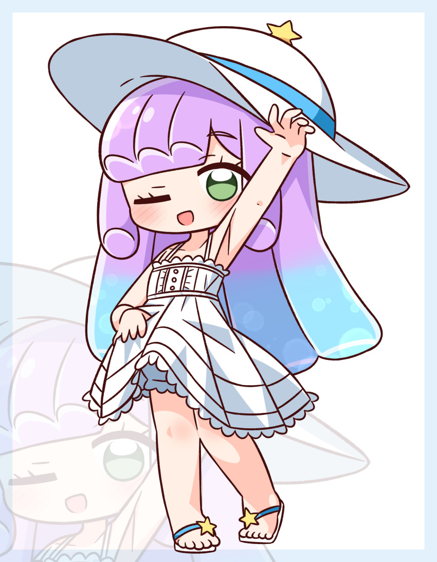 1girl ;d arm_up armpits bare_arms bare_shoulders blue_border blue_hair blush border commentary_request dress full_body gradient_hair green_eyes hana_kazari hat highres looking_at_viewer multicolored_hair one_eye_closed open_mouth outstretched_arm puniru_(puniru_wa_kawaii_slime) puniru_wa_kawaii_slime purple_hair sandals simple_background sleeveless sleeveless_dress smile solo standing white_background white_dress white_hat white_sandals zoom_layer