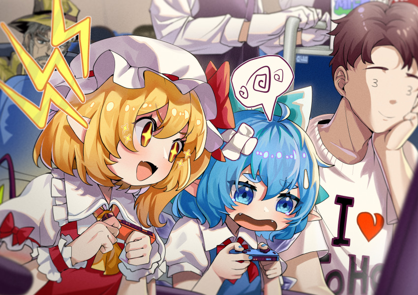 +_+ 2boys 2girls absurdres blonde_hair blue_eyes blue_hair blue_nails bow brown_hair cirno fangs flandre_scarlet hat hat_ribbon highres hxj_(2324184595) jojo_no_kimyou_na_bouken joseph_joestar joseph_joestar_(old) multiple_boys multiple_girls red_bow red_eyes ribbon stardust_crusaders touhou wrist_cuffs