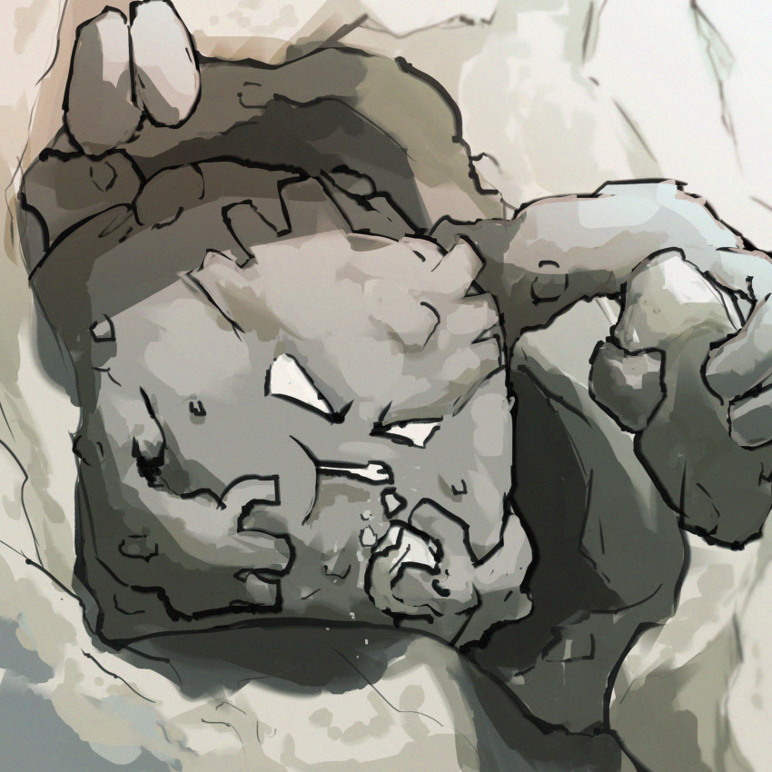 absurdres eating gen_1_pokemon graveler highres holding holding_rock nintendo no_humans outdoors pokemon pokemon_(creature) rock solo spicyichizo