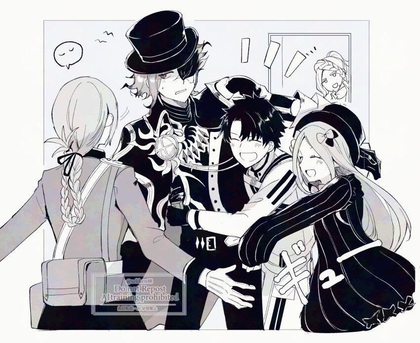 2girls 3boys ^_^ abigail_williams_(fate) alessandro_di_cagliostro_(fate) arms_around_waist artist_name averting_eyes bag bow braid cigarette_pack closed_eyes commentary_request cracked_skin cross-shaped_pupils edmond_dantes_(fate) eye_mask fate/grand_order fate_(series) florence_nightingale_(fate) folded_braid fujimaru_ritsuka_(male) fujimaru_ritsuka_(male)_(decisive_battle_chaldea_uniform) gloves grimace hair_bow hair_ribbon half_mask hat highres holding holding_cigarette_pack hug hug_from_side jacket long_hair long_sleeves looking_at_another looking_to_the_side mask monochrome multiple_boys multiple_girls multiple_hair_bows notice_lines open_mouth outstretched_arms ribbon sekken88 short_hair single_braid sleeves_past_fingers sleeves_past_wrists smile speech_bubble squiggle sweat symbol-shaped_pupils the_count_of_monte_cristo_(fate) the_count_of_monte_cristo_(first_ascension)_(fate) top_hat twitter_username waist_hug watermark