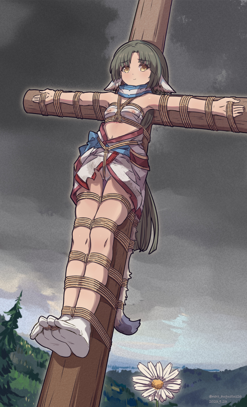 1girl absurdres ainu_clothes animal_ears artist_name bare_legs barefoot bdsm bondage bound bound_toes chest_sarashi clothes_lift cloud cloudy_sky covered_erect_nipples crotch_rope crucifixion eruruu flower forest green_hair highres light_smile long_hair looking_at_viewer nature nero_augustus panties sarashi see-through_clothes shibari sidelocks sky soles tabi tail underwear utawarerumono yellow_eyes
