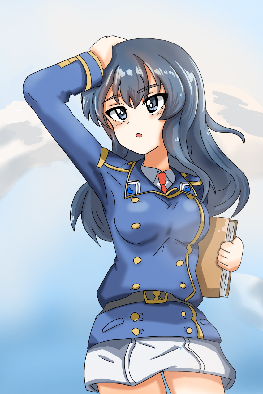 1girl absurdres blue_eyes blue_hair blue_jacket book collared_shirt eclair_(girls_und_panzer) girls_und_panzer girls_und_panzer_gekitou!_maginot-sen_desu!! hand_on_own_head highres holding holding_book jacket long_hair maginot_military_uniform miniskirt necktie pencil_skirt red_necktie shirt skirt user_swhz4525 white_shirt white_skirt