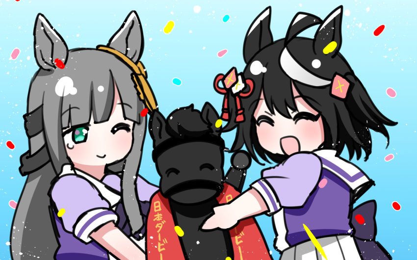 2girls ahoge aramori_susumu black_hair blue_eyes blunt_bangs blush chrono_genesis_(umamusume) closed_mouth commentary_request confetti croix_du_nord_(racehorse) grey_hair hair_between_eyes hair_ornament highres horse kitasan_black_(umamusume) long_hair medium_hair multiple_girls real_life simple_background smile tears tokyo_yushun umamusume
