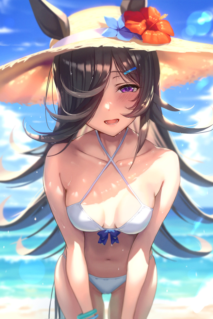 1girl :d animal_ears beach bikini blue_sky blurry blurry_background blush breasts brown_hair collarbone commentary_request criss-cross_halter day ears_through_headwear flower hair_over_one_eye halterneck hat hat_flower highres horse_ears horse_girl horse_tail kimchi_(user_mpzz8457) leaning_forward lens_flare long_hair looking_at_viewer lower_teeth_only ocean open_mouth outdoors purple_eyes rice_shower_(umamusume) sky small_breasts smile solo standing straw_hat swimsuit tail teeth umamusume white_bikini yellow_hat
