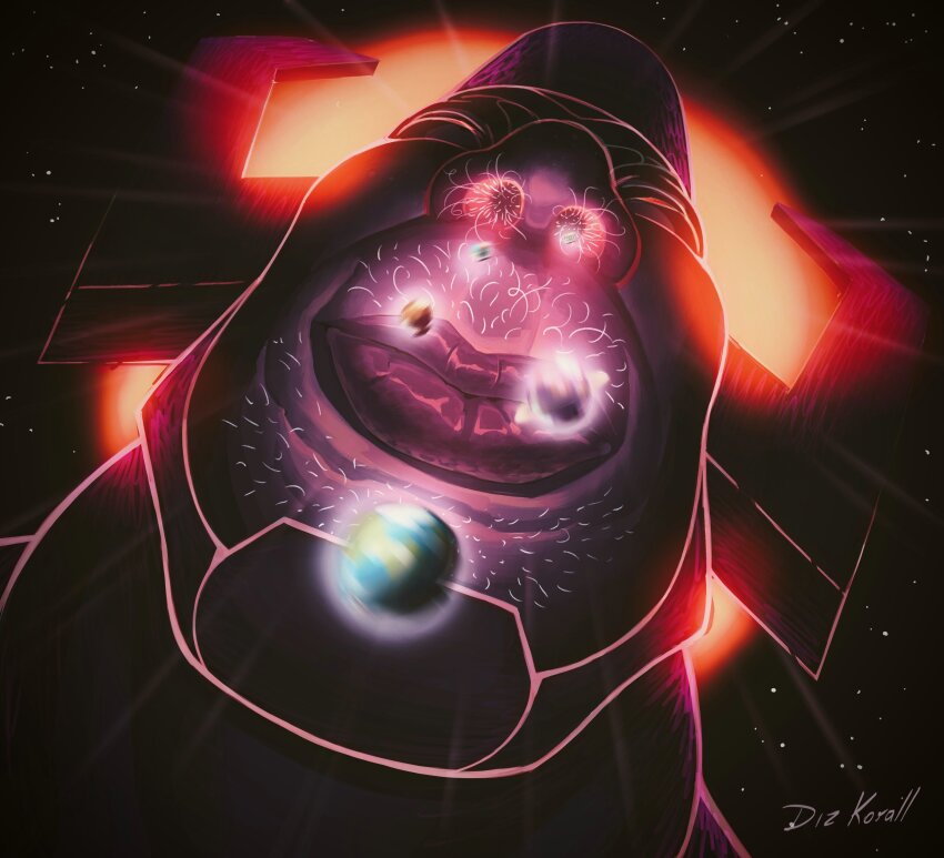 1boy absurdres artist_name commentary earth_(planet) english_commentary facial_hair fake_horns from_below galactus giant giant_male helmet highres horned_helmet horns koralldiz male_focus mars_(planet) marvel motion_blur nose_hair planet saturn_(planet) solo space star_(sky) sun upper_body what white_facial_hair
