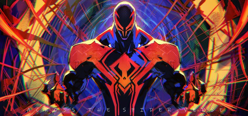 1boy absurdres animal_print biceps blue_bodysuit bodysuit chromatic_aberration claws commentary_request copyright_name hands_up highres kamonegi_(meisou1998) looking_at_viewer male_focus marvel muscular muscular_male print_bodysuit red_bodysuit silk solo spider-man:_across_the_spider-verse spider-man_(2099) spider-man_(series) spider-verse spider_print spider_web superhero_costume two-tone_bodysuit upper_body