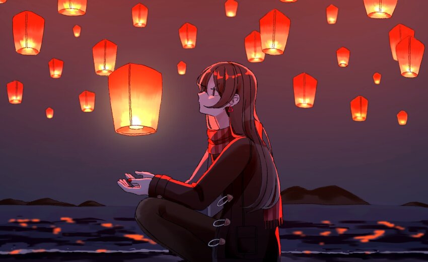 1girl beach black_hair black_jacket cupping_hands earrings eclipse floating floating_object glowing highres horizon horizontal-striped_scarf jacket jewelry jiaojiao lake lantern lantern_festival long_hair mountainous_horizon nail_polish night night_sky ocean outdoors own_hands_together paper_lantern red_nails red_scarf reflection reflective_water scarf shimako_(yume_2kki) sky sky_lantern solar_eclipse solo squatting striped_clothes striped_scarf triangle_earrings vertical-striped_clothes vertical-striped_scarf water winter_clothes yume_2kki