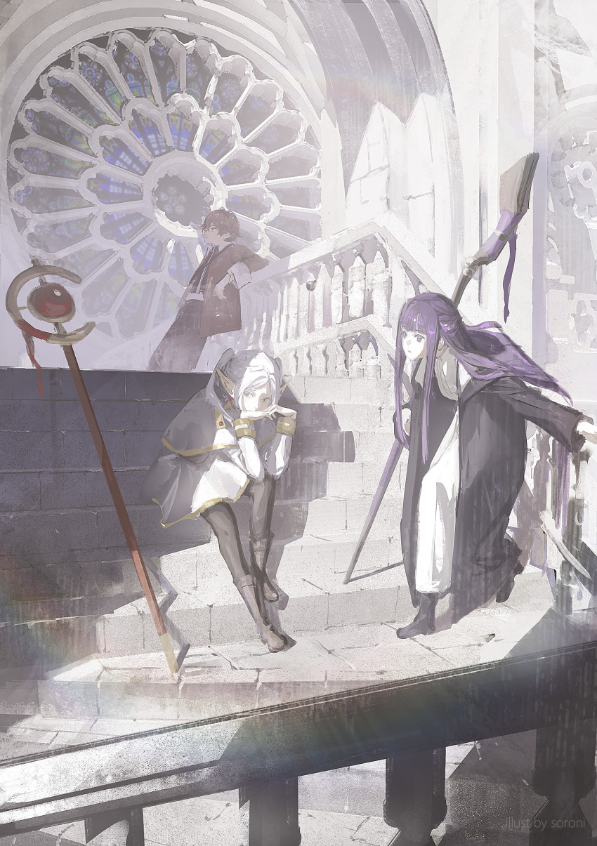 1boy 2girls absurdres arch architecture artist_name baluster black_coat black_pantyhose boots brown_footwear capelet coat commentary dress earrings elf english_commentary fern_(sousou_no_frieren) floating_earring frieren from_side full_body gold_trim gothic_architecture highres jacket jewelry leaning looking_at_another mage_staff multiple_girls muted_color open_clothes open_jacket outdoors pantyhose pointy_ears purple_eyes purple_hair railing red_hair red_jacket rose_window sitting skirt sorrowny sousou_no_frieren staff stairs stark_(sousou_no_frieren) twintails white_capelet white_dress white_hair white_skirt white_theme
