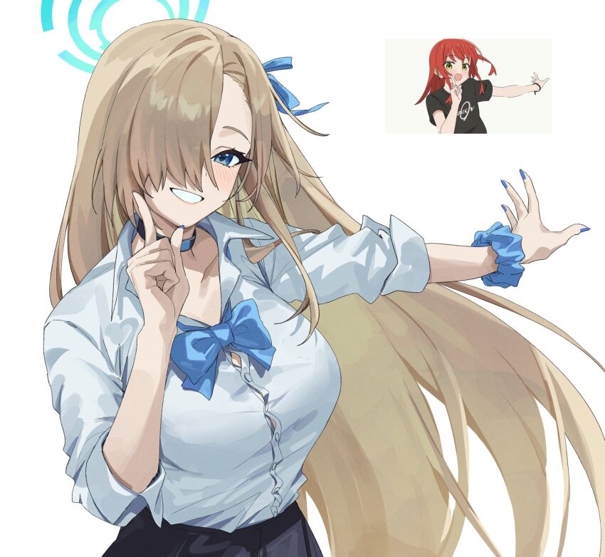 2girls asuna_(blue_archive) asuna_(school_uniform)_(blue_archive) black_shirt black_skirt blonde_hair blue_archive blue_bow blue_bowtie blue_eyes blue_halo blue_nails blue_ribbon blush bocchi_the_rock! bow bowtie breasts choker collarbone finger_to_cheek wagging_finger flat_chest hair_over_one_eye halo hasegawa_ikumi highres hoshino_ruby_dance index_finger_raised kamu_(kamuuei) kita_ikuyo large_breasts long_hair looking_at_viewer multiple_girls outstretched_arm red_hair ribbon scrunchie shirt skirt sleeves_rolled_up smile very_long_hair voice_actor_connection white_shirt wrist_scrunchie yellow_eyes