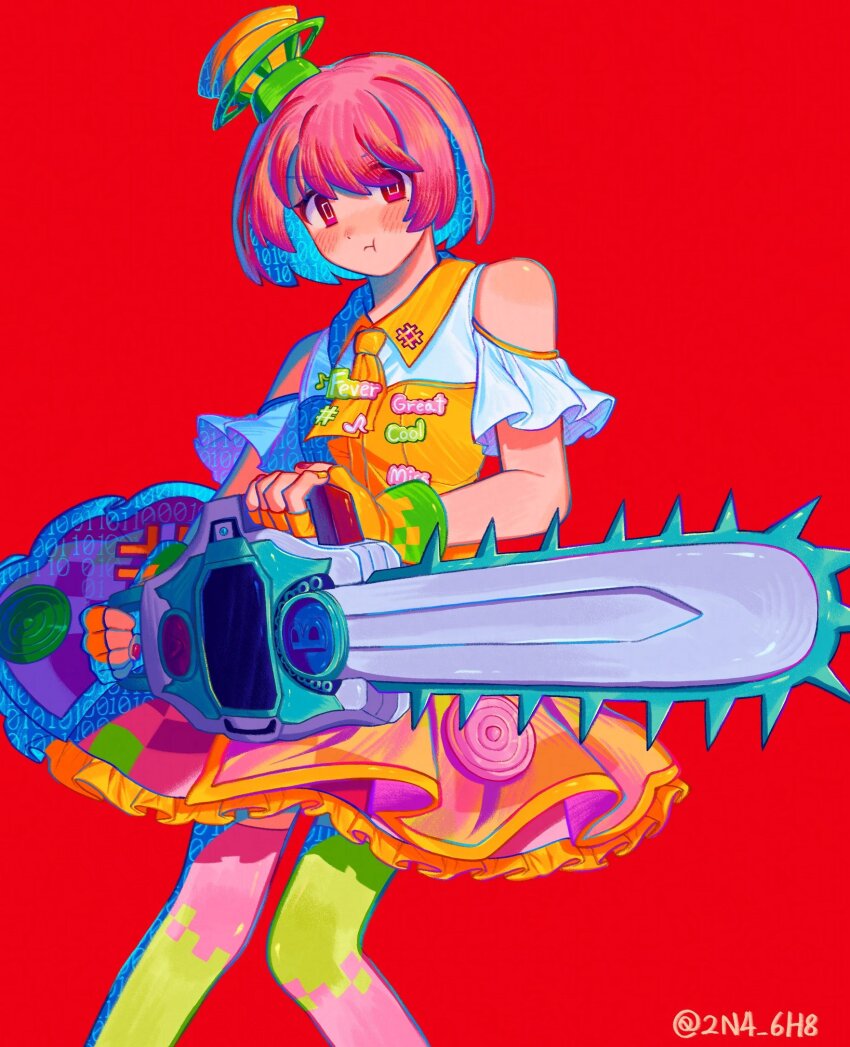 1girl 2n4_6h8 bare_shoulders bob_cut chainsaw dress english_text fingerless_gloves frilled_skirt frills gashacon_bugvisor gloves hat highres holding holding_weapon kamen_rider kamen_rider_ex-aid_(series) kneehighs musical_note nail_polish necktie pin pink_eyes pink_hair poppi_pipopapo pout red_background simple_background skirt socks strapless strapless_dress weapon yellow_gloves yellow_skirt