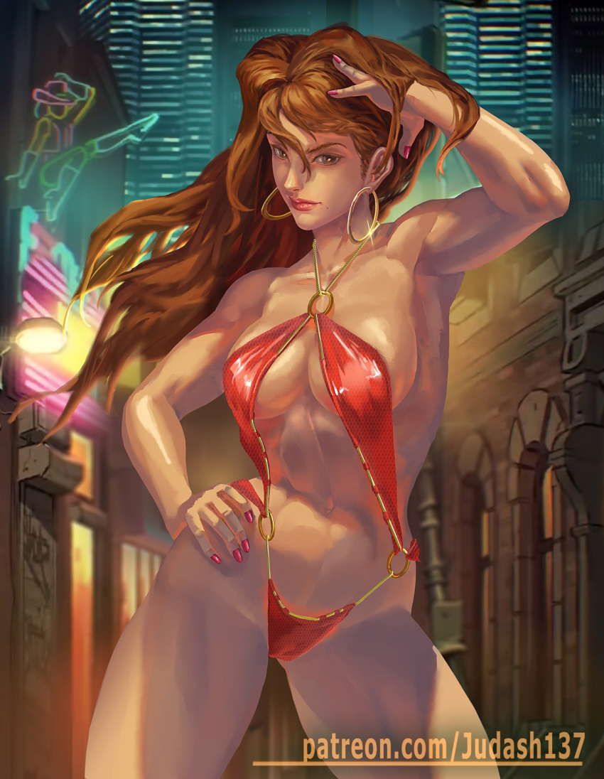 1girl blaze_fielding breasts city highres judash137 large_breasts long_hair night streets_of_rage