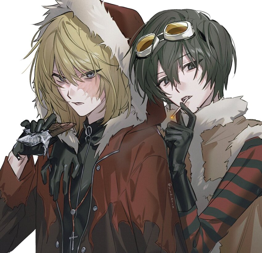 2boys arm_around_shoulder black_gloves black_shirt blonde_hair blue_eyes burn_scar candy chocolate chocolate_bar cigarette commentary_request cross cross_necklace death_note food fur-trimmed_vest fur_trim gloves goggles goggles_on_head grey_eyes grey_hair highres holding holding_chocolate holding_cigarette holding_food jacket jewelry long_sleeves looking_at_viewer male_focus matt_(death_note) medium_hair mello_(death_note) multiple_boys necklace orange-tinted_eyewear parted_bangs parted_lips red_jacket scar shirt simple_background smoking striped_clothes striped_shirt tinted_eyewear unzipped upper_body vest white_background white_fur x_u6_6u_x