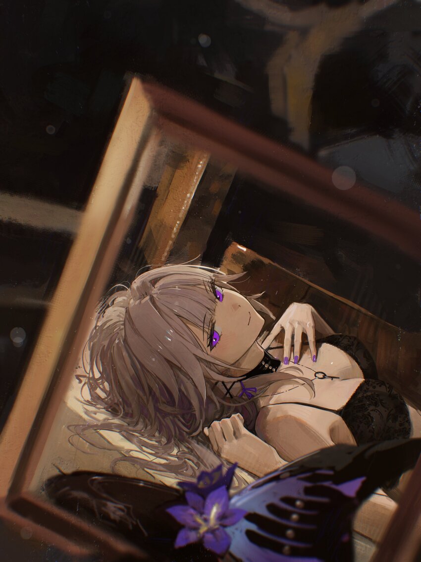 1girl absurdres black_bra black_choker black_hat bra breasts brown_hair choker hair_ornament hair_ribbon hat herta_(honkai:_star_rail) hidulume highres honkai:_star_rail honkai_(series) jewelry key key_necklace long_hair looking_to_the_side lying nail_polish necklace on_back purple_eyes purple_ribbon ribbon small_breasts smile solo the_herta_(honkai:_star_rail) underwear unworn_headwear witch_hat x_hair_ornament