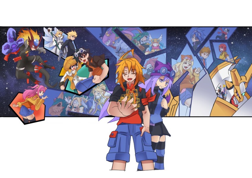 aegiomon bacchusmon ceresmon ceresmon_medium digimon female_protagonist_(digimon_story) goggles goggles_on_head gracenovamon hat himi_tomoki iguneetmon junomon karan_eri koh_(digimon) long_hair male_protagonist_(digimon_story) marsmon mercurymon mikihara_norn minervamon n.e.o neptunemon purple_eyes purple_hair sayo_(digimon) venusmon vulcanusmon yggdrasill_(digimon) yggdrasill_7d6