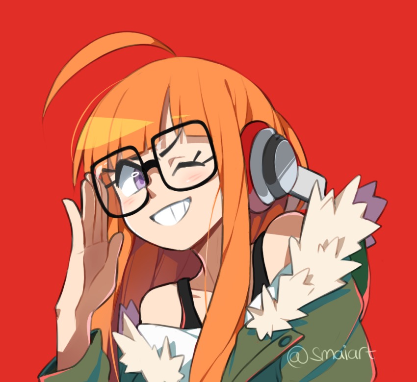 10s 1girl ;d adjusting_eyewear ahoge black-framed_eyewear female_focus fur_trim glasses headphones jacket long_hair looking_at_viewer off_shoulder one_eye_closed open_mouth orange_hair persona persona_5 purple_eyes red_background sakura_futaba sami_briggs smile solo