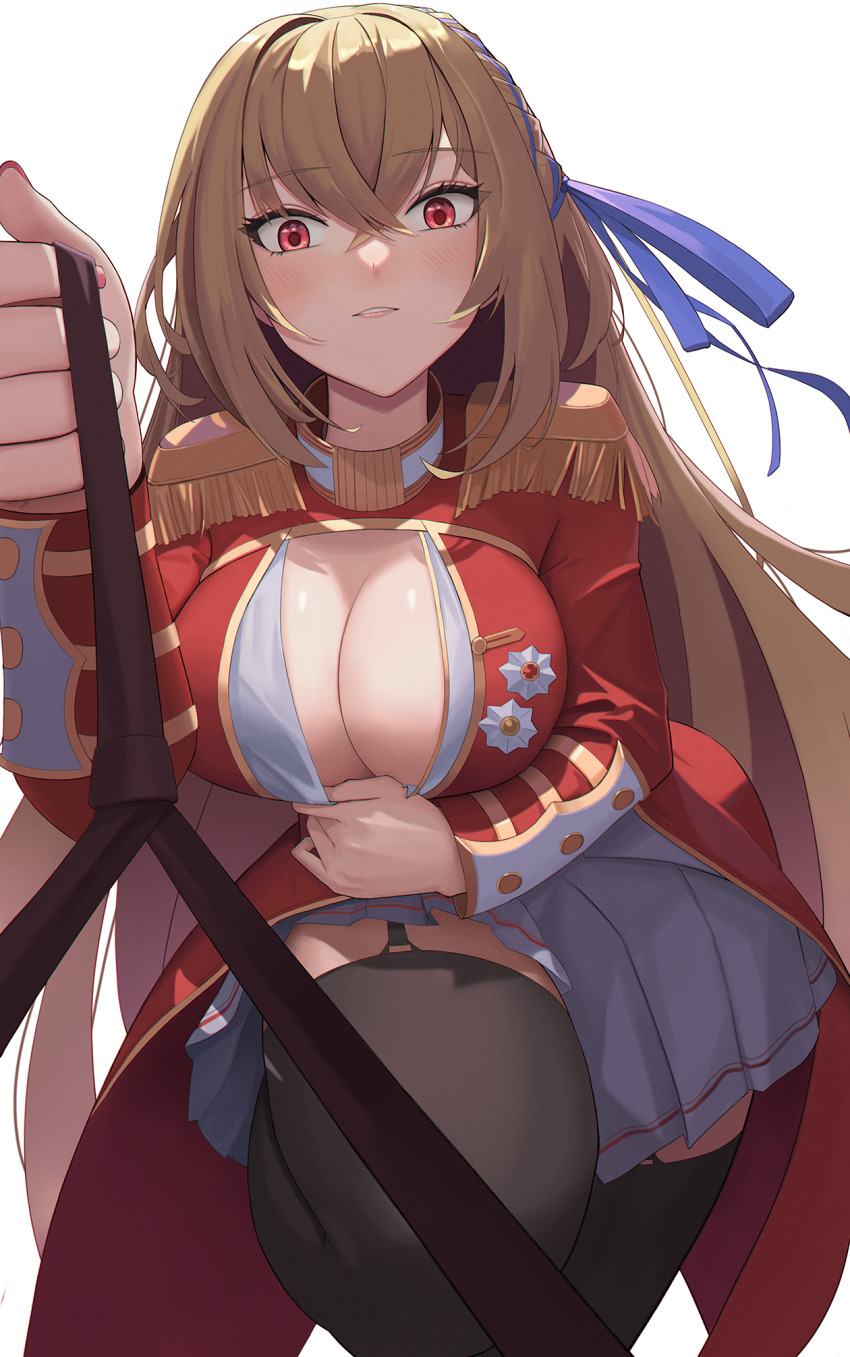 1girl aiguillette azur_lane black_garter_straps black_thighhighs blonde_hair blue_ribbon blush breasts buttons cleavage commission crossed_bangs garter_straps hair_ribbon highres holding holding_leash king_george_v_(azur_lane) large_breasts leash long_hair looking_at_viewer lud medal military_uniform parted_lips pleated_skirt pov red_eyes red_uniform ribbon simple_background skirt solo thighhighs very_long_hair viewer_on_leash white_background white_skirt