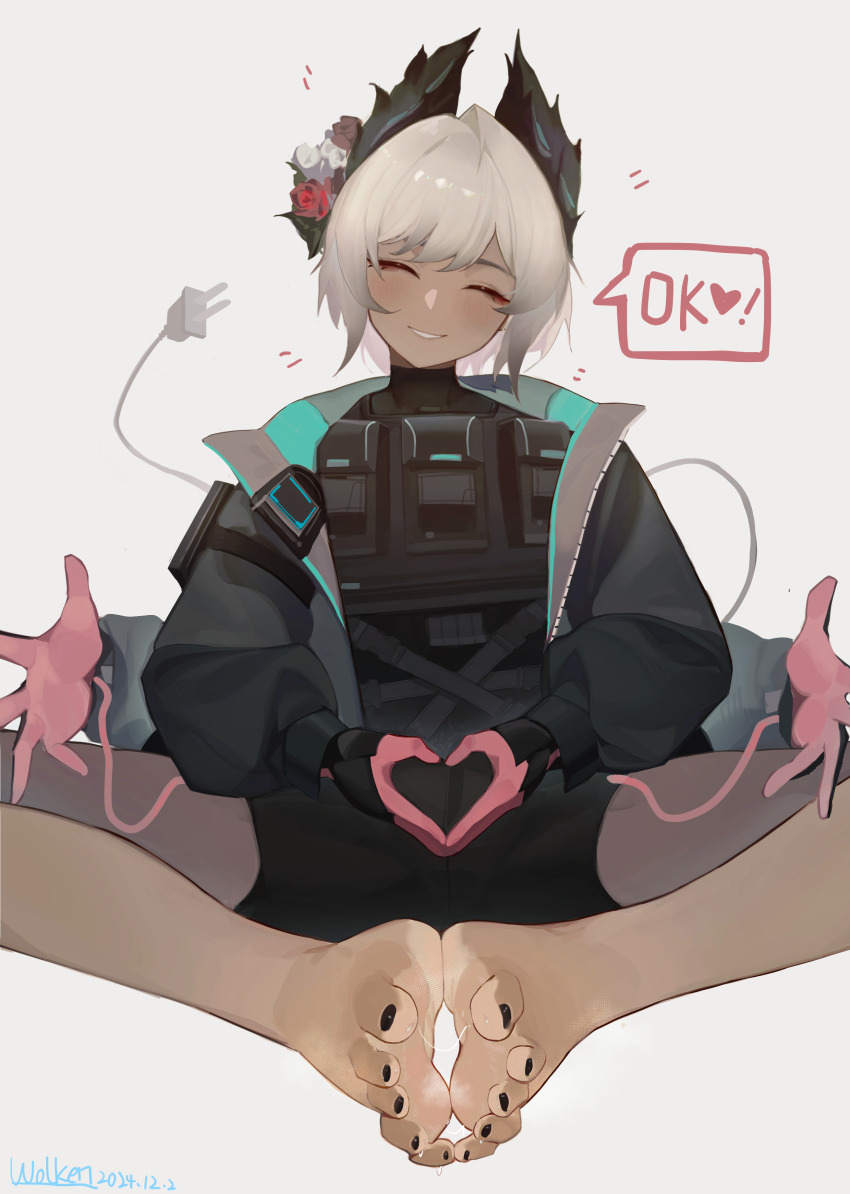 1girl absurdres arknights barefoot closed_eyes dark-skinned_female dark_skin extra_arms feet foot_pussy grey_hair highres light_blush medium_hair parted_lips raidian_(arknights) smile soles sweat toes un_ke_yukiovo