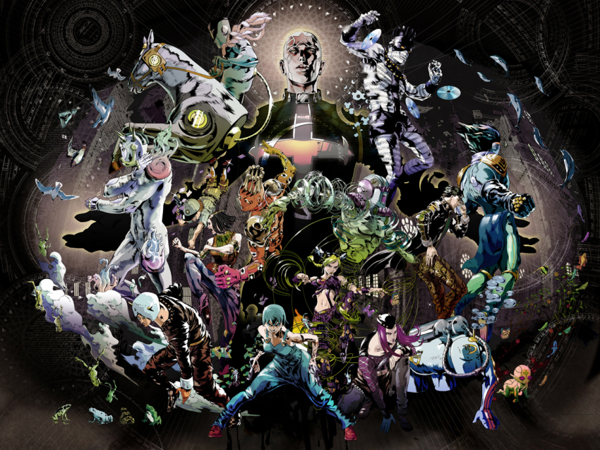 3girls 5boys black_hair blue_hair dark-skinned_male dark_skin diver_down_(stand) double_bun emporio_alnino enrico_pucci ermes_costello foo_fighters_(jojo) foo_fighters_(stand) green_baby_(jojo) green_child green_hair hair_bun horse jojo_no_kimyou_na_bouken kiss_(stand) kuujou_jolyne kuujou_joutarou long_hair made_in_heaven_(stand) multicolored_hair multiple_boys multiple_girls nakazono310 narciso_anasui purple_hair short_hair stand_(jojo) star_platinum stone_free stone_ocean two-tone_hair very_short_hair weather_report weather_report_(stand) white_hair whitesnake_(stand)