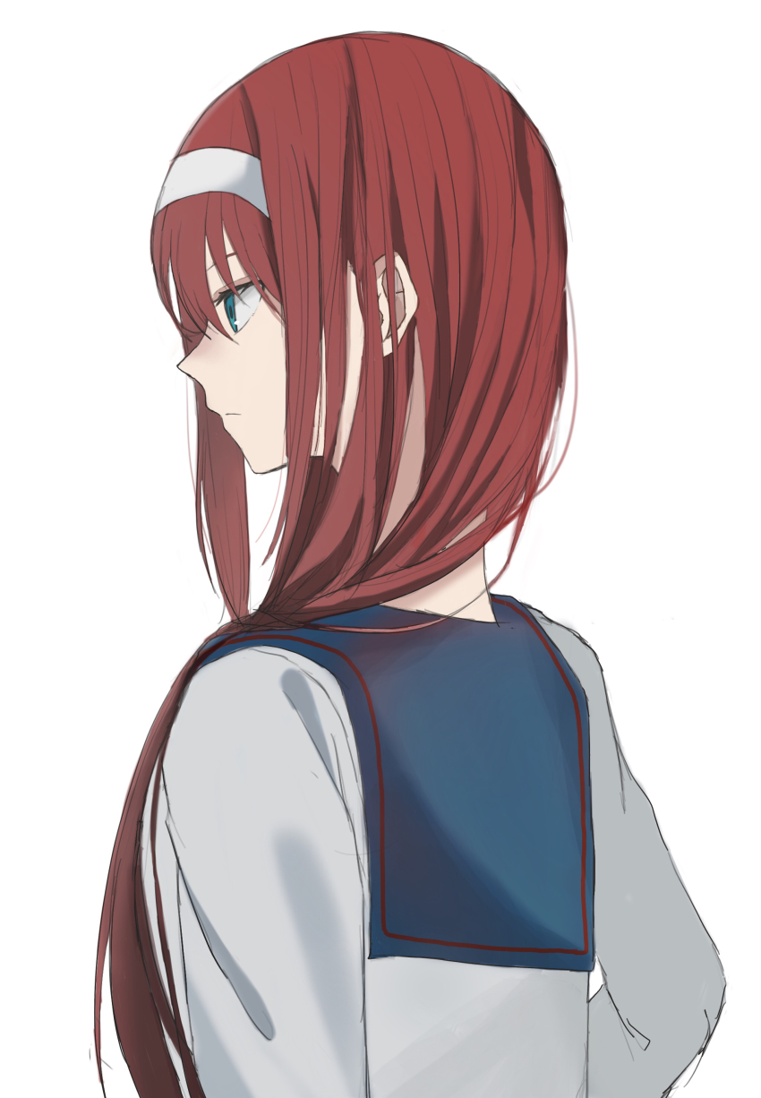 1girl absurdres blue_eyes from_side headband highres long_hair pikaremon red_hair sailor_collar school_uniform serafuku simple_background sketch solo tohno_akiha toono_akiha tsukihime vermillion_akiha white_background white_headband