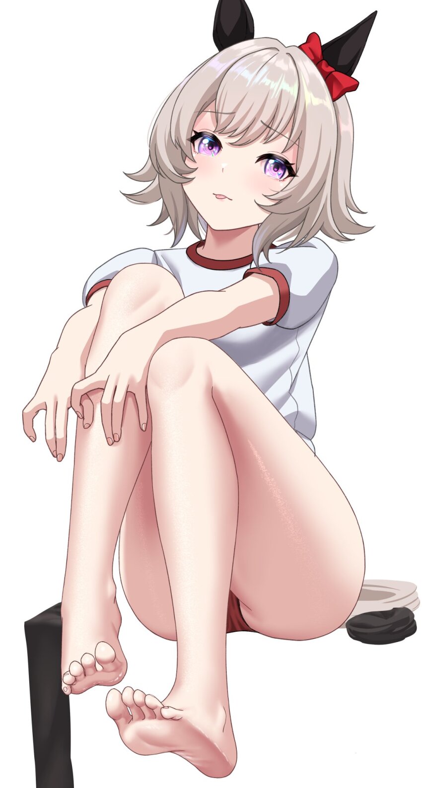 1girl animal_ears bare_legs barefoot black_thighhighs bow buruma curren_chan_(umamusume) ear_bow ear_covers eyelashes feet full_body grey_hair highres horse_ears horse_girl horse_tail knees_up legs looking_at_viewer medium_hair philo_324 purple_eyes red_bow red_buruma shirt short_sleeves simple_background sitting soles solo tail thighhighs thighs toenails toes tongue tongue_out umamusume unworn_thighhighs white_background white_shirt