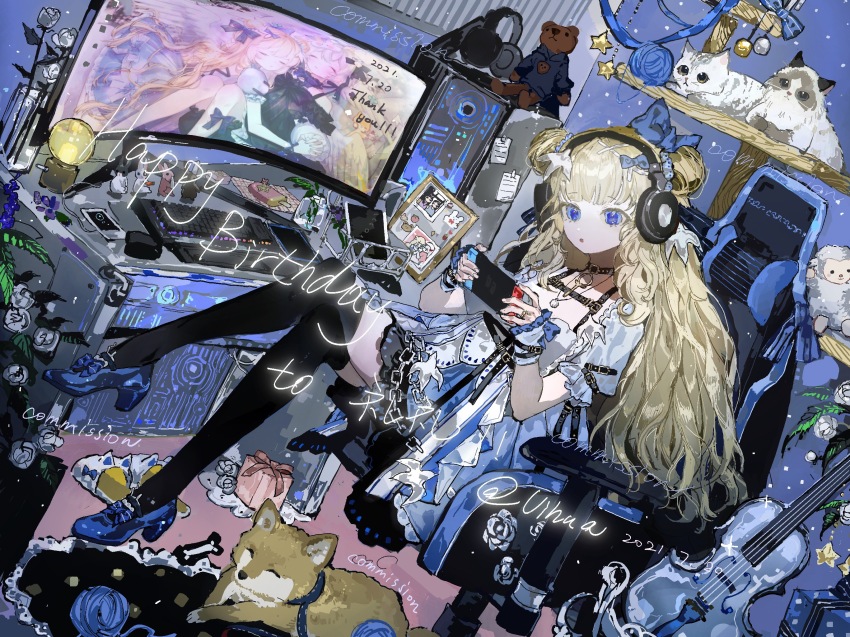 1girl black_thighhighs blonde_hair blue_bow blue_dress blue_eyes blue_shoes blue_slippers bow cat cat_tower chain chair computer computer_keyboard dated dog double_bun dress english_text flower footwear_bow frilled_sleeves frills gaming_chair gift hair_bow hair_bun happy_birthday headphones high_heels highres indoors instrument jewelry long_hair messy_room necklace open_mouth original puffy_short_sleeves puffy_sleeves ragdoll_(cat) server shoes short_dress short_sleeves sitting slippers solo stuffed_animal stuffed_toy swivel_chair teddy_bear thank_you thighhighs vase vihua6 violin white_flower